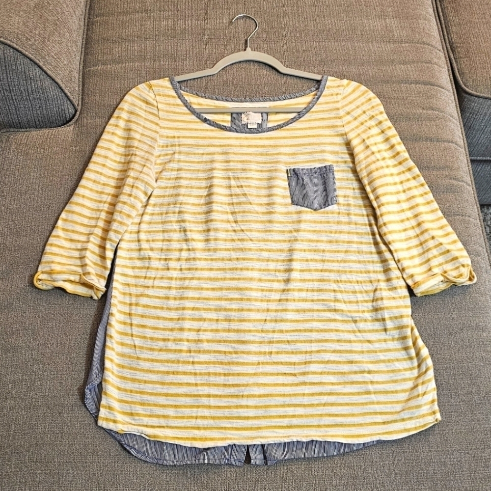 Anthropologie 9-HI5 STCL Yellow Striped Boho Button Down Back Top Size Small